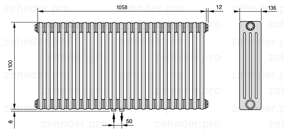 Схема (чертеж) Радиатор Zehnder Charleston 4110/23 №3470 Белый глянцевый RAL 9016
